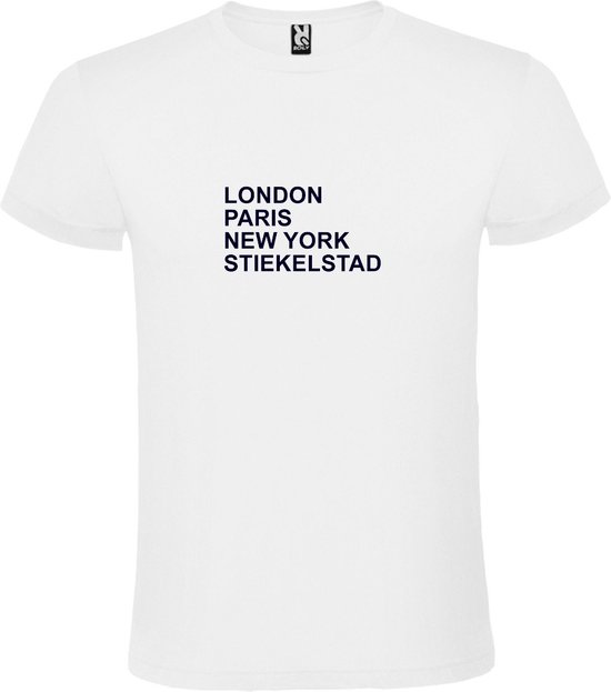 wit T-Shirt met London,Paris, New York , Stiekelstad tekst Zwart Size L
