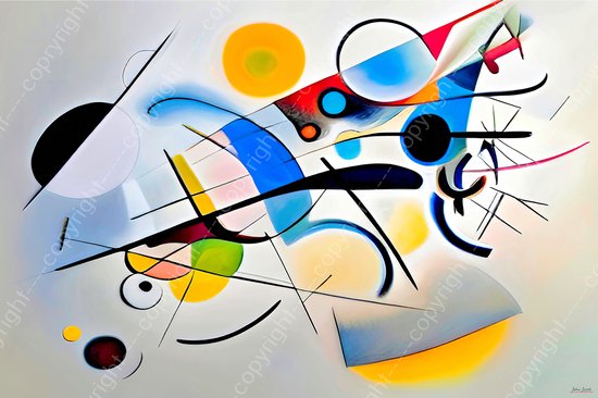 JJ-Art (Canvas) 120x80 | Abstract in Kandinsky stijl - kleurrijk- felle kleuren - kunst – woonkamer slaapkamer | rood, geel, blauw, oranje, roze, groen, modern | Foto-Schilderij print (wanddecoratie)