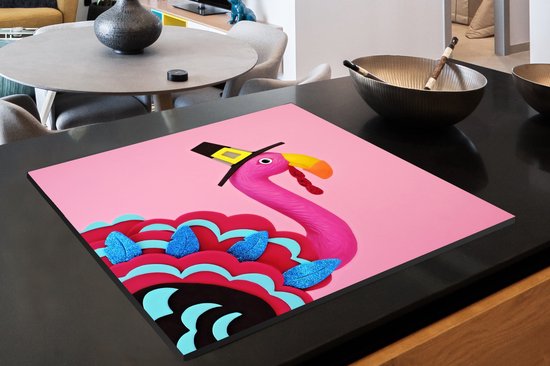 KitchenYeah® Inductie beschermer 78x78 cm - Flamingo in kalkoenkostuum - Kookplaataccessoires - Afdekplaat voor kookplaat - Inductiebeschermer - Inductiemat - Inductieplaat mat