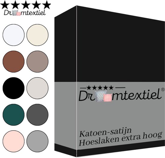 Droomtextiel Katoen Satijnen Hoeslaken Zwart 70x200 cm - Hoogwaardige Kwaliteit - Perfecte Pasvorm - Super Zacht - Hoge Hoek