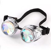 KIMU Goggles Steampunk Bril - Zilver Chroom Montuur - Caleidoscoop Glazen - Spacebril Burning Man Rave Space Zijkleppen Caleidoscope Diamant Holografisch Festival