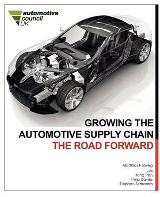 Cover van het boek 'Growing the Automotive Supply Chain: The Road Forward' met een schematische weergave van een sportauto.