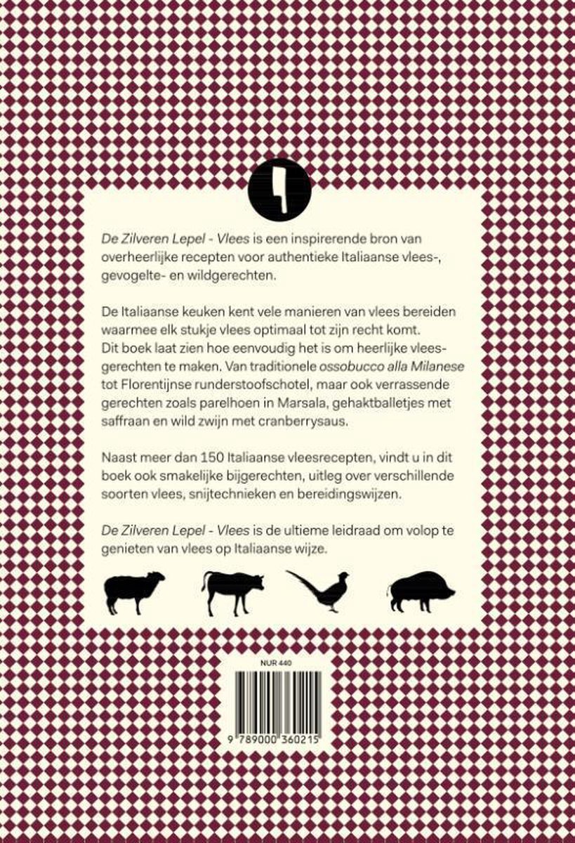 Achterkant van het boek "De Zilveren Lepel Vlees" met tekst en afbeeldingen van een schaap, koe, fazant en wild zwijn.
