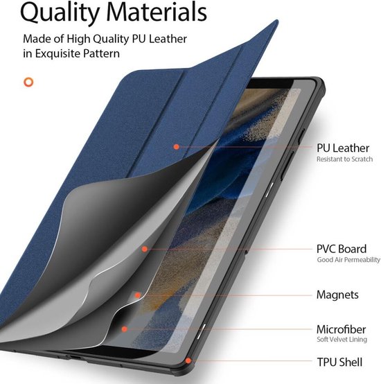 Vue détaillée des couches de l'étui tablette : cuir PU, panneau PVC, aimants, microfibre et coque TPU.