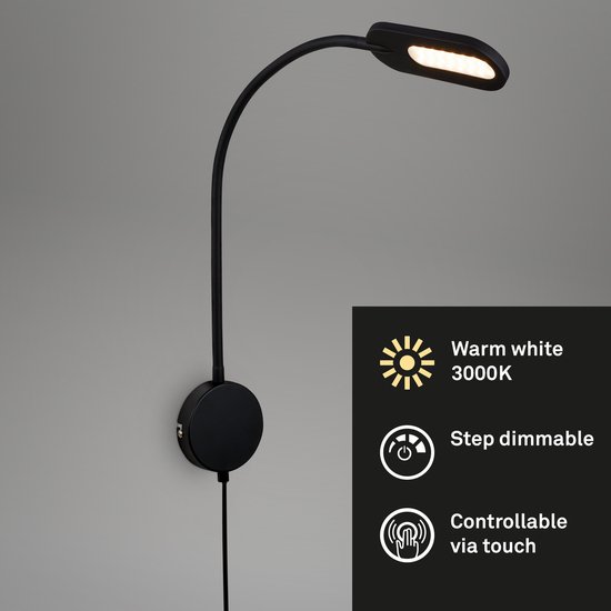 BRILONER - Wandlamp - 2177015 - Zwenkbaar - Warm wit 3000K - Touch functie - Geleidelijk dimmen via aanraking - 6W - 650 lm - 52 x 44,5 x 10 cm - Zwart