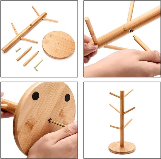 Arbre à tasses en bois de Bamboe avec 6 crochets, support à tasses