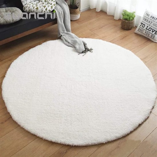 Hoogpolig shaggy tapijt voor woonkamer, langpolig, onderhoudsvriendelijk, rond tapijt, hoogwaardig, hoge draaddichtheid, waterabsorberend, badkamertapijt voor woonkamer, wit, 100 cm