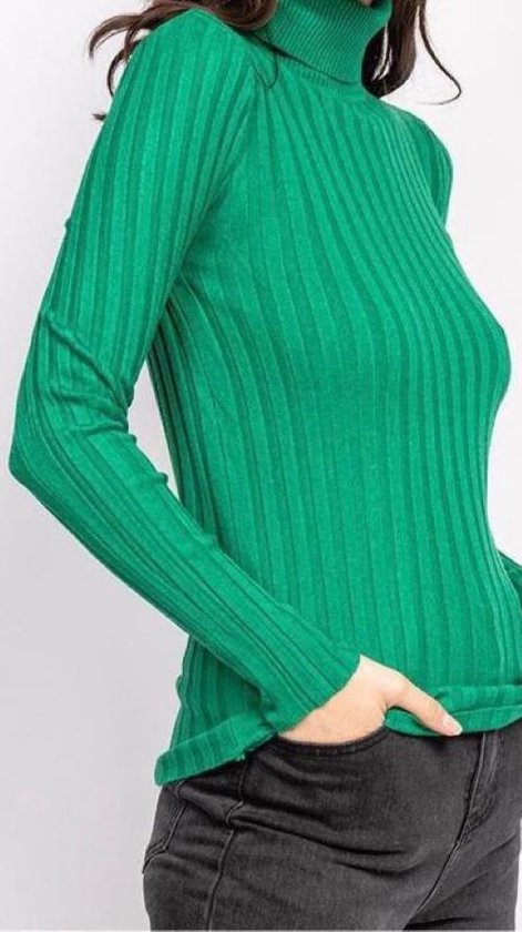 Col roulé côtelé - Pull femme - Pull chaud - Vert - Taille : L/XL