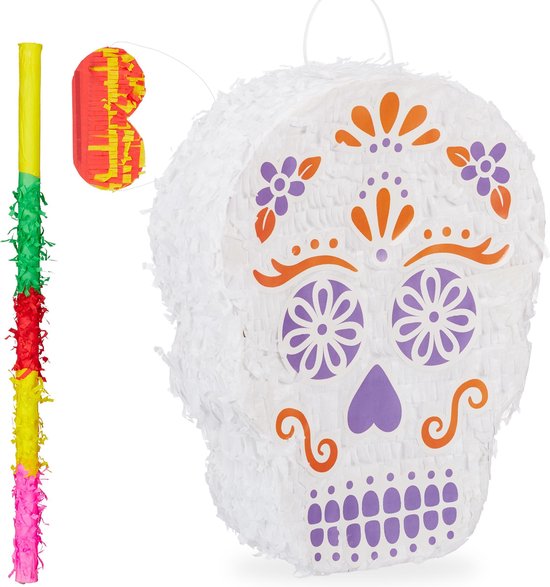 Foto: Relaxdays 3 delige pinata set doodshoofd pinatastok blinddoek halloween piniata