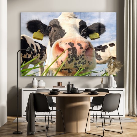 MuchoWow® Peinture sur verre 180x120 cm - Peinture sur verre acrylique - Vache - Ferme - Herbe - Animaux - Photo sur verre - Peintures