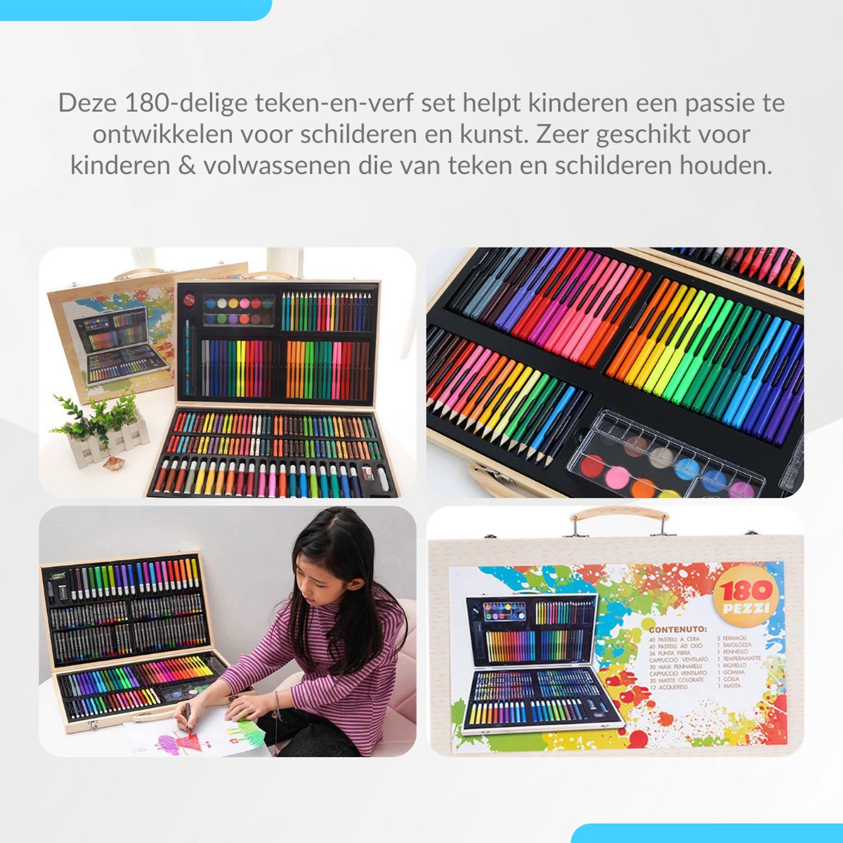 Buxibo Luxe 180-Delige Teken- en Verf Set - Tekendoos met Kleurpotloden, Waskrijt en Acrylverf - Tekenset Compleet voor Kinderen en Volwassenen — afbeelding 5