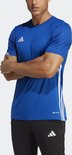 Blauw heren voetbalshirt met korte mouwen, witte accenten en Adidas logo op de borst.