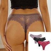3 Pack - Sexy Brazilian Dames String - Kant - Rood, Nude en Zwart - Dames Lingerie / Ondergoed Set - Maat M