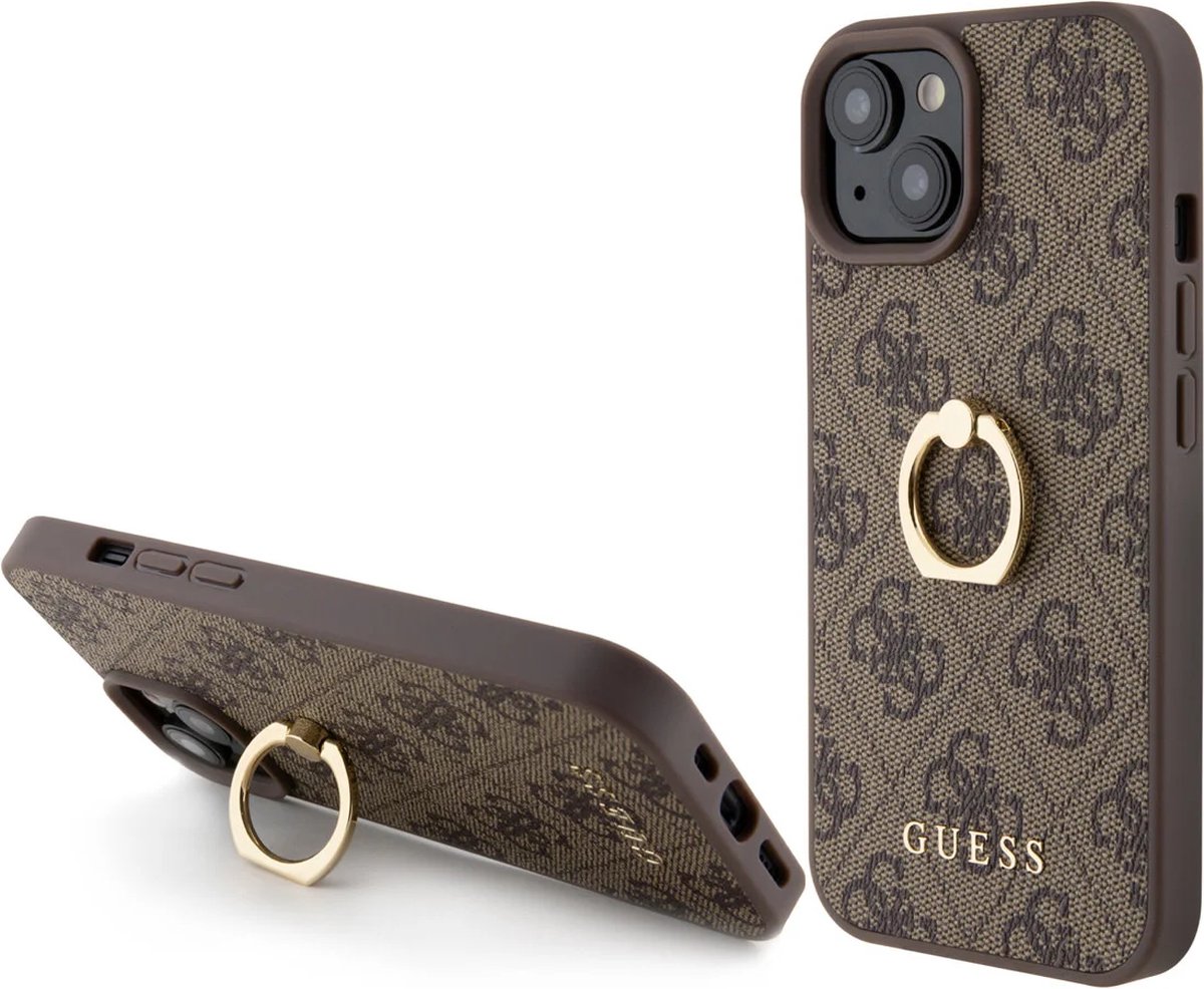 Guess iPhone 15 Hardcase hoesje - 4G - Met Ringhouder - Bruin