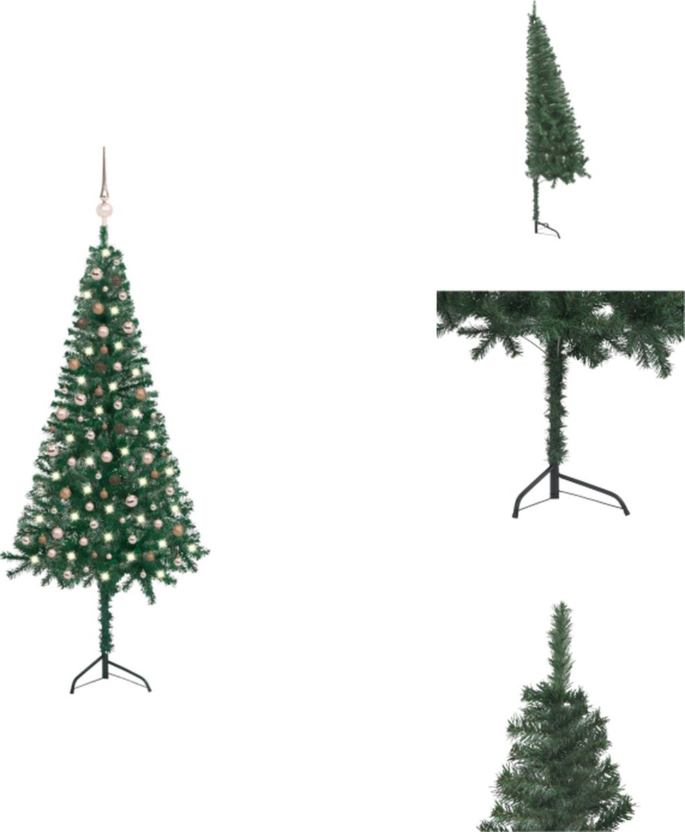 vidaXL Hoekkerstboom PVC - 240 cm - LED-verlichting - Groen - Incl - standaard en decoratie - Decoratieve kerstboom