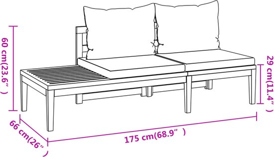 Dimensions du banc en bois deux places avec coussins gris foncé.