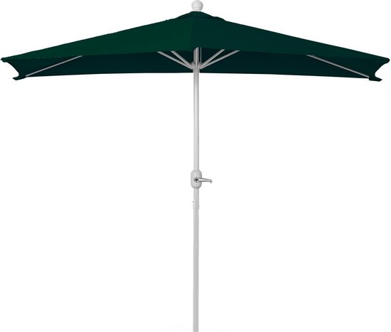 Donkergroene vierkante parasol met grijze paal en witte knop.