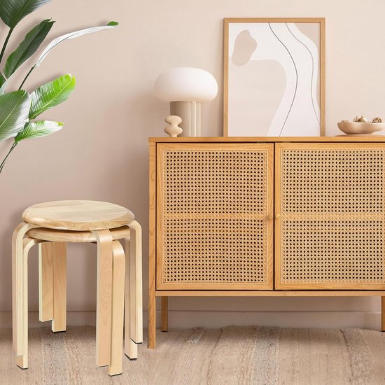 HOMCOM Set van 4 moderne stapelkrukken, ronde krukken zonder rugleuning voor keuken, eetkamer, kantoor, 40 x 45 cm, natuurlijk hout