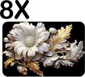 BWK Flexibele Placemat - Wit - Goud - Bloem - Artistiek - Set van 8 Placemats - 45x30 cm - PVC Doek - Afneembaar