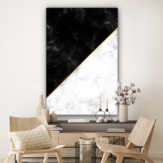 Canvas schilderij 120x180 cm - Wanddecoratie Marmer - Wit - Zwart - Goud - Muurdecoratie woonkamer - Slaapkamer decoratie - Kamer accessoires - Schilderijen op canvas