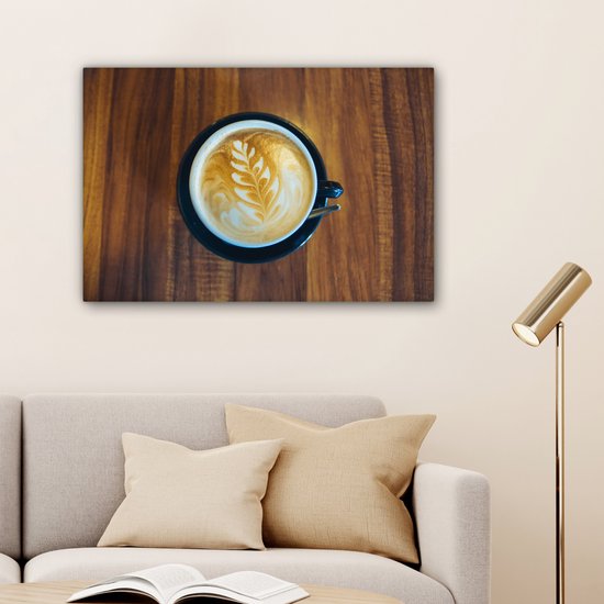 Canvas Schilderij Koffie - Tafel - Hout - 60x40 cm - Wanddecoratie