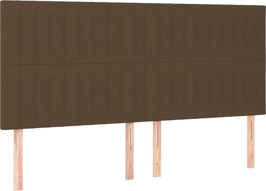 Tête de lit marron foncé rembourrée avec coutures verticales et supports en bois.
