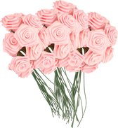 Rayher Decoratie roosjes satijn - 4x - bosje van 12 - lichtroze - 12 cm - hobby/DIY bloemetjes