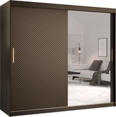 Zweefdeurkast met spiegel Kledingkast met 3 schuifdeuren Garderobekast slaapkamerkast Kledingstang met planken (LxHxP): 200x200x62 cm - Rikid J2 (Zwart, 200) met lades