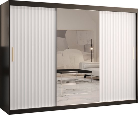 Zweefdeurkast met spiegel Kledingkast met 3 schuifdeuren Garderobekast slaapkamerkast Kledingstang met planken (LxHxP): 250x200x62 cm - Rikid W2 (Zwart + Wit, 250) met lades