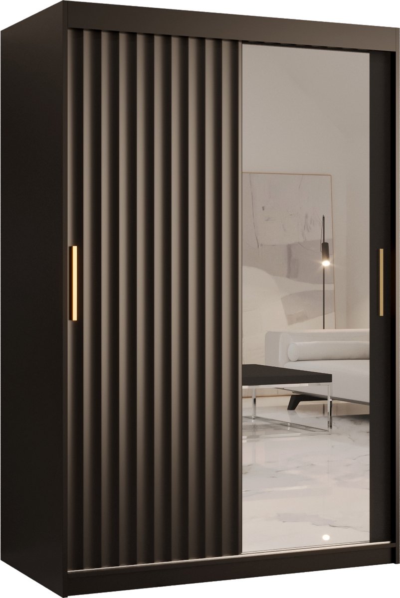 Zweefdeurkast met spiegel Kledingkast met 3 schuifdeuren Garderobekast slaapkamerkast Kledingstang met planken (LxHxP): 120x200x62 cm - Rikid W2 (Zwart, 120) met lades