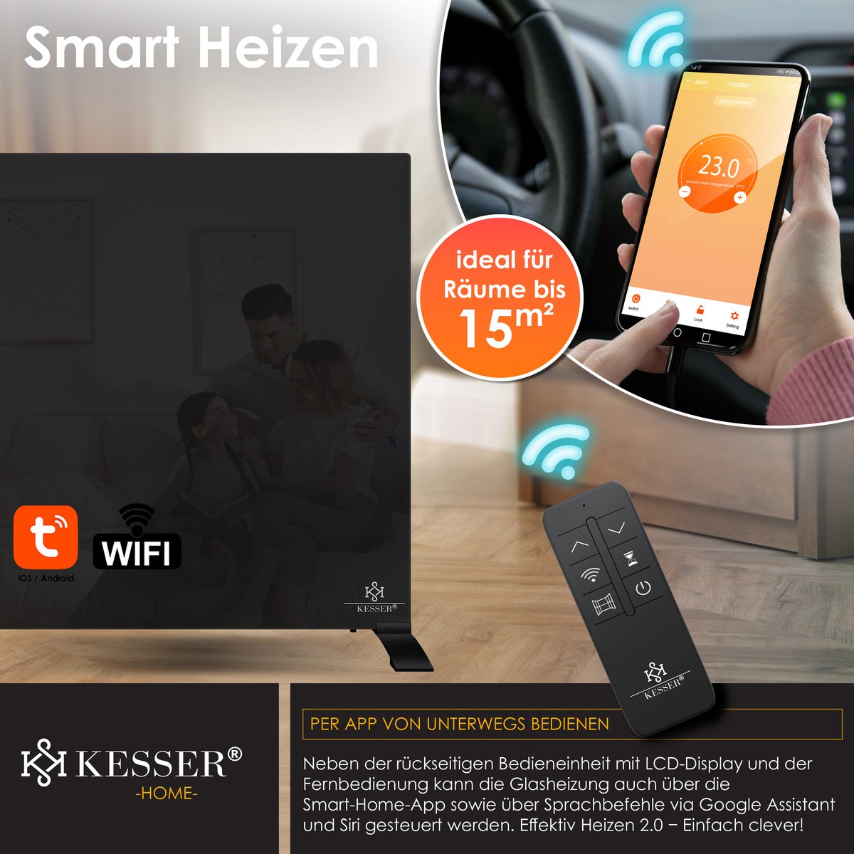 KESSER® Infrarood Kachel 600W Elektrische Verwarmingspaneel - Infraroodverwarming Energiebesparing 2-in-1 Staande & Muurmontage Verwarming met Thermostat + open raam detectie + Afstandsbediening & APP-bediening - Zwart – foto 4