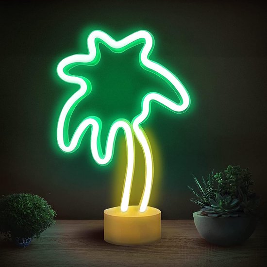 ENUOLI Coconut Palm Tree Neon Lamp Met Houder Basis - LED Nachtlamp Met Batterij of USB - Pointed Palm Neon Verlichting Voor Kamer, Slaapkamer, Kerstfeest Decor