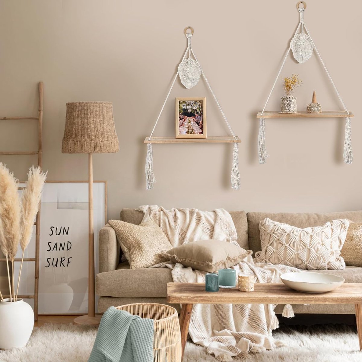 Plank Bad Mekase 2-delige Houten Wandplank Met Macramé Touw – Boho Wanddecoratie Voor Slaapkamer, Woonkamer Of Badkamer Bad Plank