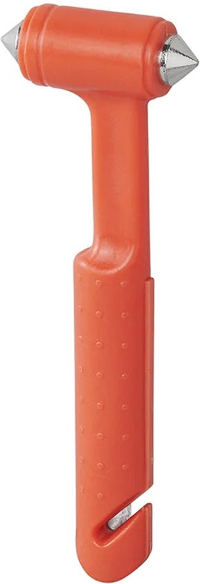 Oranje veiligheidshamer met zilveren punt en geïntegreerde gordelsnijder.