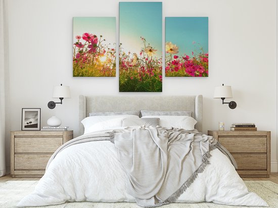 Artaza Peinture sur toile triptyque Kosmos Champ de fleurs avec un soleil levant – 180 x 120 – Groot – Photo sur toile – Impression sur toile