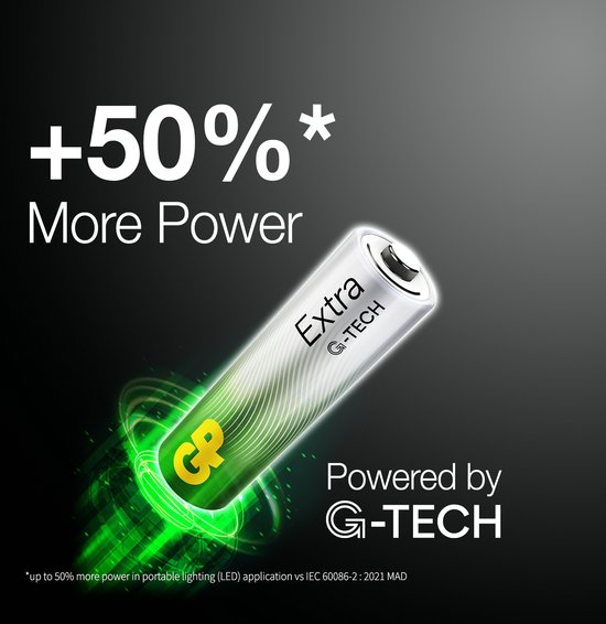 GP Extra G-Tech AA batterij met groene energie-effecten, claimt "+50% Meer Vermogen".