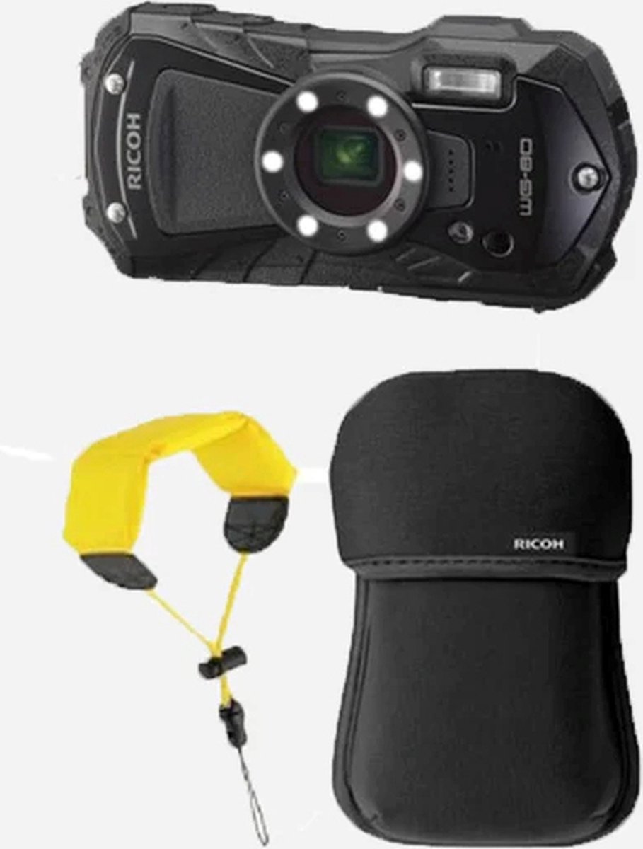 Ricoh Compactcamera WG-80 Zwart KIT met Drijfriem en Neoprene beschermhoes
