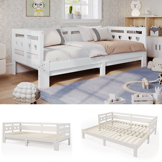 Dagbed, uitschuifbaar bed, massief grenen, met 2e bed en oprolbaar frame, hartvormig bed, wit (90 ~ 182x200cm)