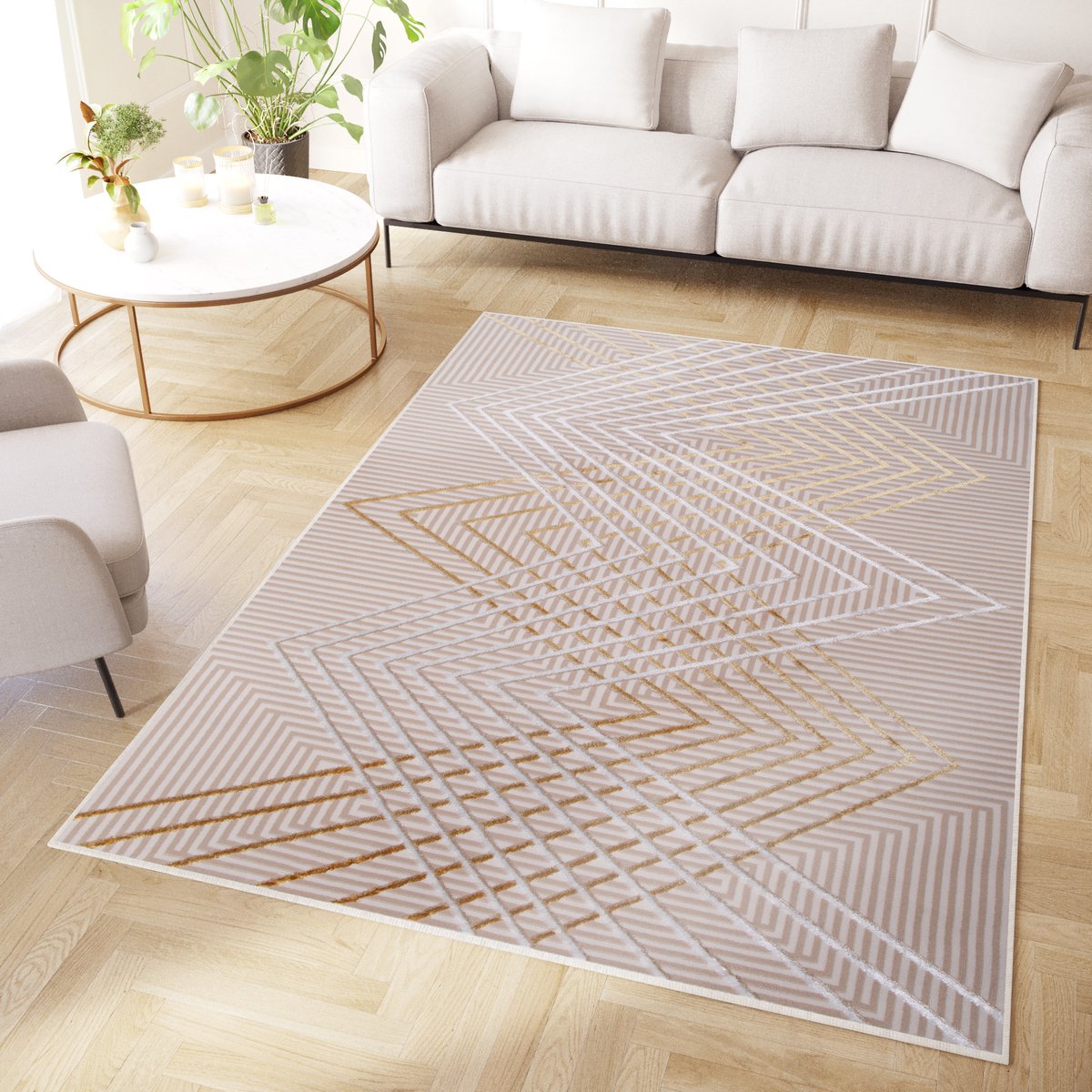 Tapiso Crystal Vloerkleed Creme Zigzag 3D Effect Laagpolig Tapijt Maat- 120x170