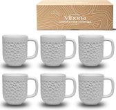 Koffiekopjes set van 6 (380 ml) Made in Portugal - mooie mokken van aardewerk - unieke mokken set van 6 - theekopjes set groot - koffiekopjes sets (mat wit)
