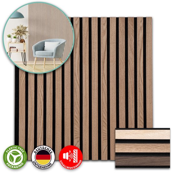 FLOORDIREKT Akoestisch Paneel - Wandpanelen Met Echt Houtfineer - Voor een Aangename Ruimteakoestiek - Lamellenwand - Wandpanelen als Geluidsisolatie - Red Oak - 60 x 60 cm