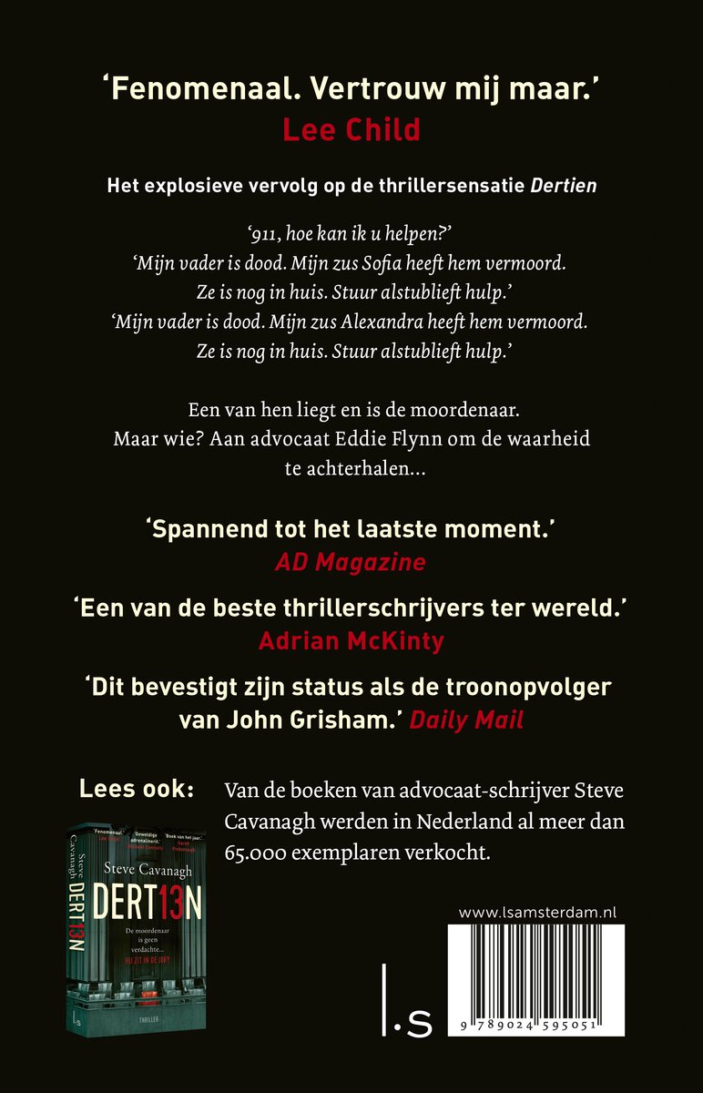 Boekomslag met de titel DERT13N en recensies van Lee Child en Adrian McKinty. Een boekblok met de titel Steve Cavanagh DERT13N wordt getoond.