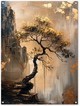 Tuinposter 90x120 cm - Tuindecoratie Boom - Goud - Landschap - Verf - Poster voor in de tuin - Buiten decoratie - Schutting tuinschilderij - Tuindoek muurdecoratie - Wanddecoratie balkondoek