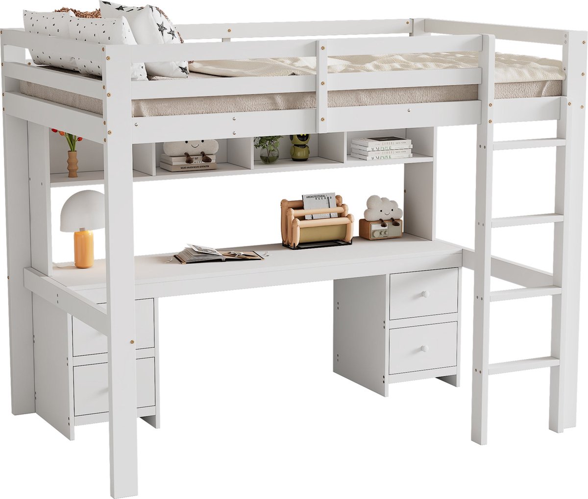 Merax Hoogslaper 90x200 cm – Bed met Bureau - Ruime Opbergruimte - Houten Frame - Stabiele Ladder - Wit