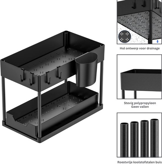 Schuifbare Keukenorganizer KOLENSA Opberglade Voor Onder De Gootsteen Met 2 Niveaus Uittrekbare Lade Organizer Metalen Schuifbare Opbergmand Keuken Aanrecht Bijkeuken Badkamer Kantoor Desktop Wit 662483925 Gootsteenkast Organizer