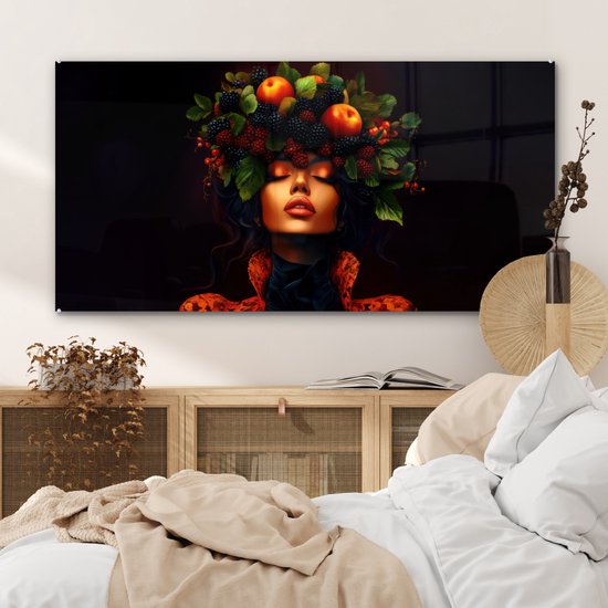 MuchoWow® Glasschilderij 120x60 cm - Schilderij acrylglas - Vrouw - Zwart - Bessen - Bramen - Appels - Foto op glas - Muurdecoratie woonkamer - Wanddecoratie slaapkamer - Schilderijen
