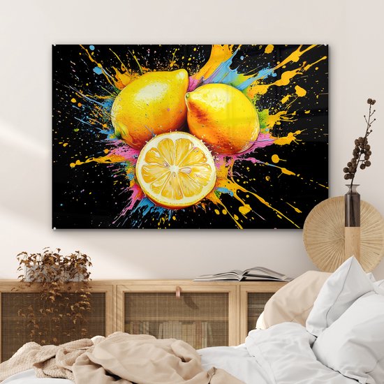 MuchoWow® Glasschilderij 120x80 cm - Schilderij acrylglas - Citroen - Graffiti - Kleurrijk - Verf - Modern - Foto op glas - Muurdecoratie woonkamer - Wanddecoratie slaapkamer - Schilderijen