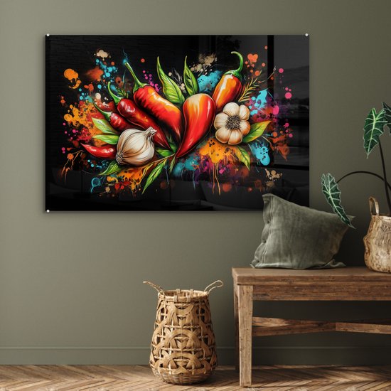 MuchoWow® Peinture sur verre 120x80 cm - Peinture acrylique sur verre - Légumes - Poivrons - Ail - Graffiti - Peinture - Coloré - Photo sur verre - Décoration murale salon - Décoration murale chambre - Peintures