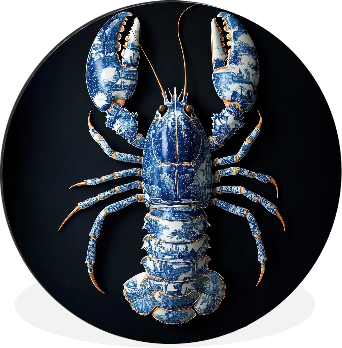 WallCircle Wandcirkel - Muurcirkel - Kreeft - Delftsblauw - Schild - Stoer - Aluminium - Dibond - 60x60 cm - Binnen en Buiten