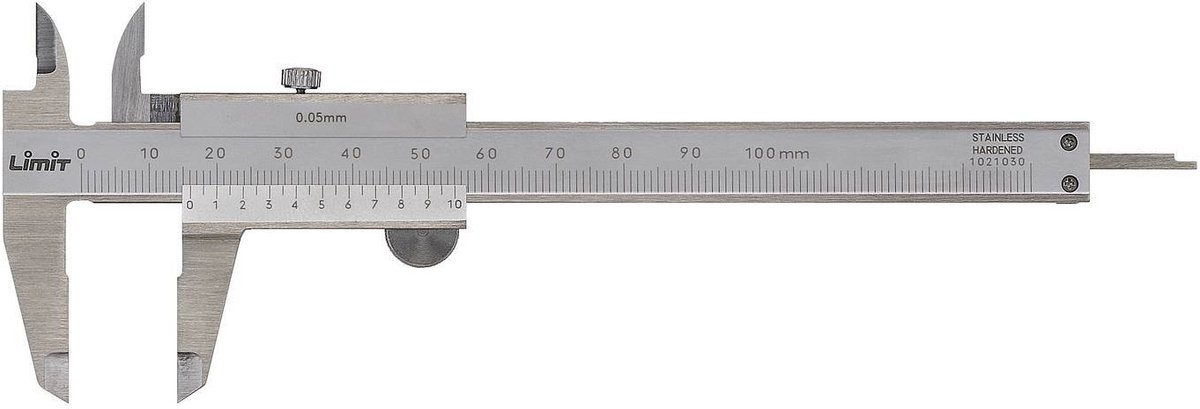 Zakschuifmaat in gehard RVS 100x27 mm 0,05 mm metriek met vastzetschroef topspitsen en dieptemeter Limit CALA100